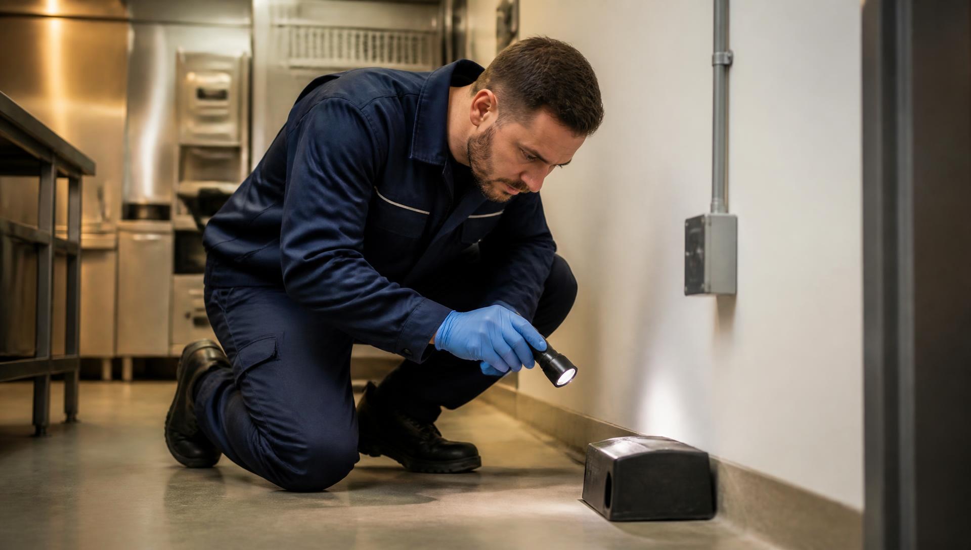 Pest management technician inspecting a commercial property in the UK